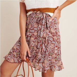 Anthropologie Luca Brown Floral Motif Wrap Mini Skirt size medium